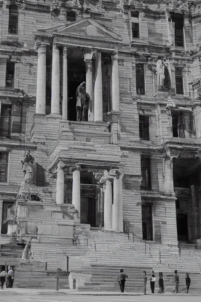 Image similar to a black and white photograph of an enormous building, official courthouse, statues looking down on the gigantic door brutalist architecture, long shot,