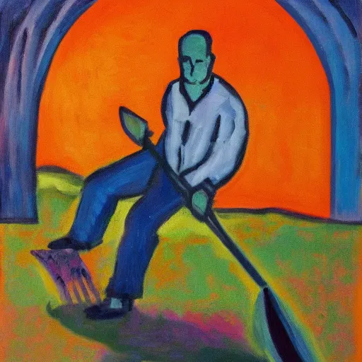 Image similar to a fauvist painting of a man deep in a hole with a shovel, after sunset,