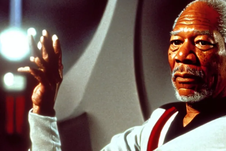 Prompt: a film still of Morgan Freeman starring as a Captain Picard in a Star Trek: The Next Generation, sitting in Ten Forward, dramatic lighting