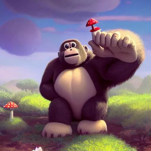 Image similar to a wholesome animation key shot of a small gorilla holding a amanita muscaria, chilled out smirk on face, driving a jeep, studio ghibli, pixar and disney animation, sharp, rendered in unreal engine 5, anime key art by greg rutkowski, bloom, dramatic lighting