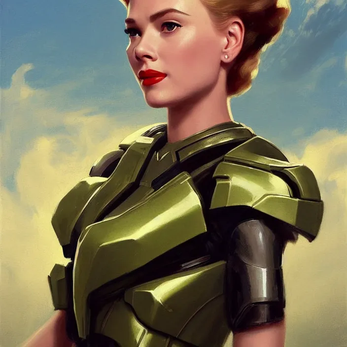 Prompt: A combination of Scarlett Johannson’s and Grace Kelly’s and Audrey Hepburn's appearance wearing Forerunner armor from Halo, countryside, calm, fantasy character portrait, dynamic pose, above view, sunny day, thunder clouds in the sky, artwork by Jeremy Lipkin and Giuseppe Dangelico Pino and Michael Garmash and Rob Rey and Greg Manchess, very coherent asymmetrical artwork, sharp edges, perfect face, simple form, 100mm