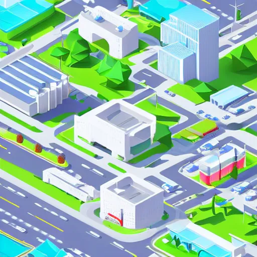 Prompt: isometric low poly city landscape of a lush and bright futuristic city, full of white buildings and futuristic cars, bright blue sky
