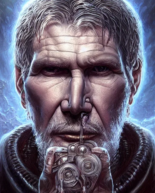 Prompt: lovecraft biopunk portrait of harrison ford by tomasz alen kopera and peter mohrbacher.