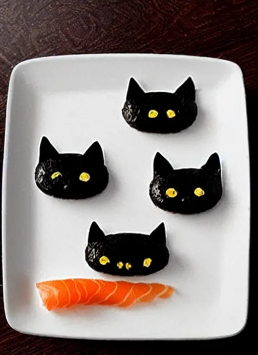 Image similar to clear surrealist painting of adorable cats made from sushi rice, sitting on sushi plates with garnish