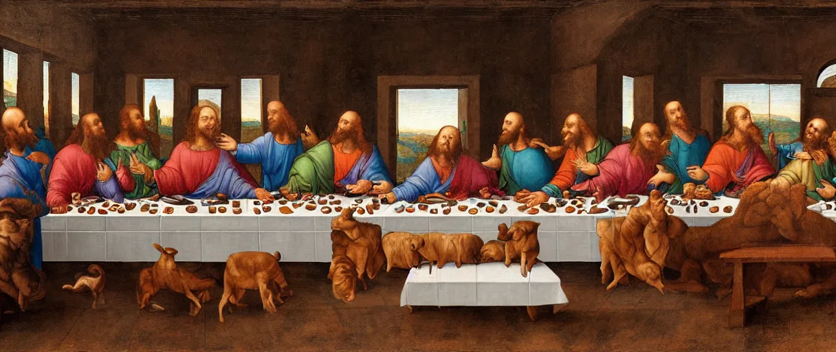 Image similar to the last supper but everyone is an animal. Painting in the style of Leonardo Da Vinci