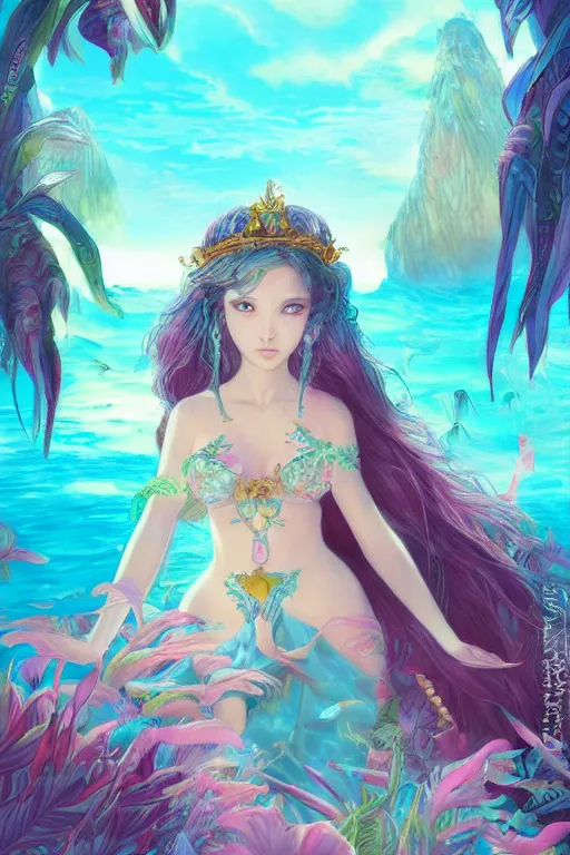 Prompt: beautiful tropical ocean princess daughter, epic fantasy, by akihito yoshida, artstation, colored pencil, ink, painting, filmic, ultra - wide angle