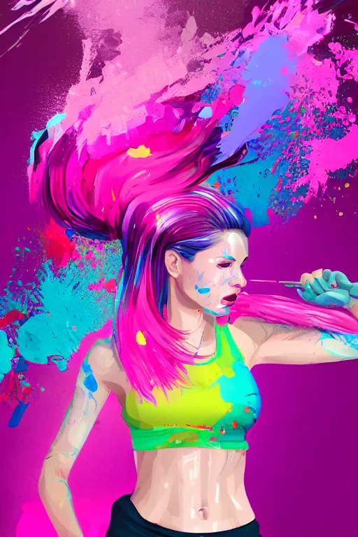 Image similar to a award winning half body porttrait of a beautiful woman in a croptop and cargo pants with ombre purple pink teal hairstyle with head in motion and hair flying, paint splashes, splatter, outrun, vaporware, shaded flat illustration, digital art, trending on artstation, highly detailed, fine detail, intricate