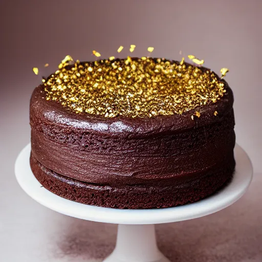 Image similar to a photo of the most delicious chocolate cake mankind has ever seen, gold sprinkles, studio lighting, 8 0 mm lens, ultra detailed, hyper realistic, realistic materials