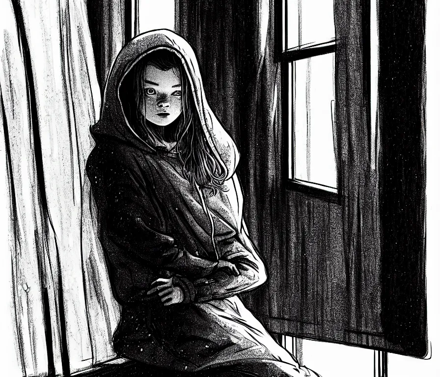 Prompt: sadie sink in hoodie sits on windowsill, knees tucked in | rain falls at night : storyboard drawing, scifi cyberpunk, b & w. by gabriel hardman, joe alves, chris bonura. cinematic atmosphere, detailed and intricate, perfect anatomy