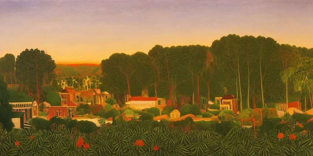 Image similar to a beautiful painting of Woodstock Georgia by Henri Rousseau, golden hour, 8k, 4k