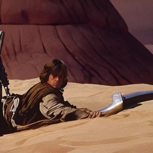 Prompt: luke skywalker riding a sandworm