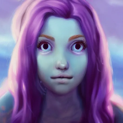 Image similar to Abigail from stardew valley, purple hair, blue eyes, farm background, large eyes, cgsociety, realistic, highly detailed, sublime, 16k, smooth, sharp focus, trending on ArtStation, hyperdetailed, volumetric lighting