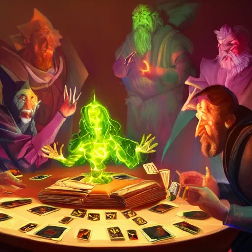 Prompt: 5 wizards around a table playing magic the gathering, with glowing creatures emerging from the cards, vibrant, dramatic, painterly,