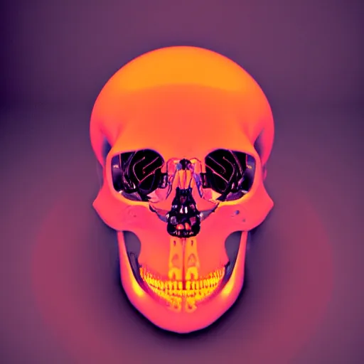 Image similar to real human skull with robotic circular orange light electronic eyes in eye sockets, cyberpunk, futurism