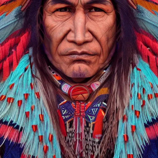 Image similar to abstract 3d portrait Native American in his traditional clothes age 40 by james jean and Jason Chan, rendering, redshift, octane