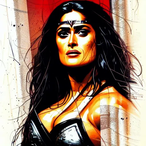 Prompt: a portrait of Salma Hayek as a barbarian warrior intricate details by MARVEL comics and Sandra Chevrier