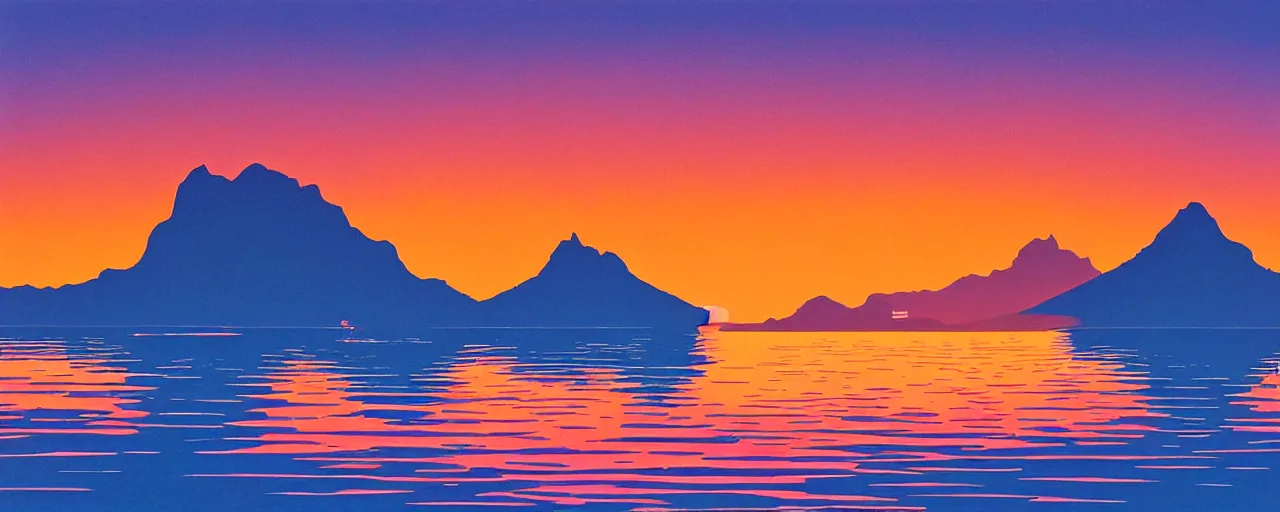 Image similar to serene bora bora landscape, golden hour, hiroshi nagai