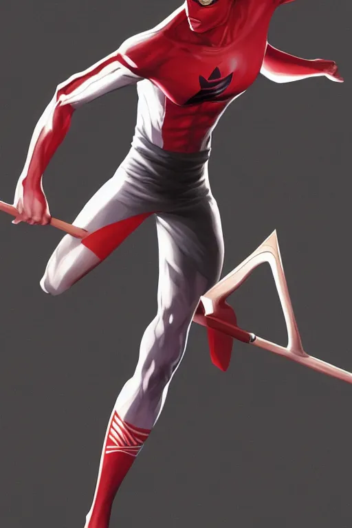 Image similar to full body view of a very skinny white man super villain that wears a red adidas track suit and wields two oars as weapons, his super power is the power to bore, comic book art by artgerm and alex ross, featured on artstation, cgsociety
