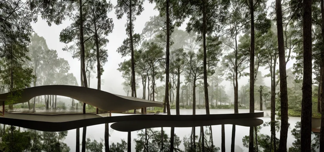 Image similar to curved roof planes lift and descend creating shade and architectural expression, highly detailed, situated in the forest, next to a highly reflective lake, marble, vivid color, high resolution photography, mist, luxury