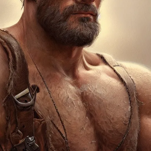 Image similar to portrait of a ruggedly handsome ranger, hands details, muscular, full body, leather, hairy, d & d, fantasy, intricate, elegant, highly detailed, digital painting, artstation, concept art, smooth, sharp focus, illustration, art by artgerm and greg rutkowski and alphonse mucha