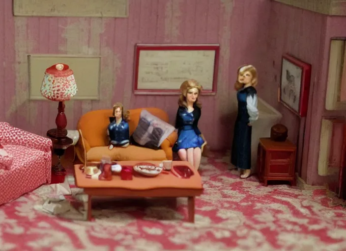 Image similar to Still frame the retro Twin Peaks, depicting the red room scene from Twin Peaks, made by doll miniatures diorama, directed by Nobuhiko Obayashi