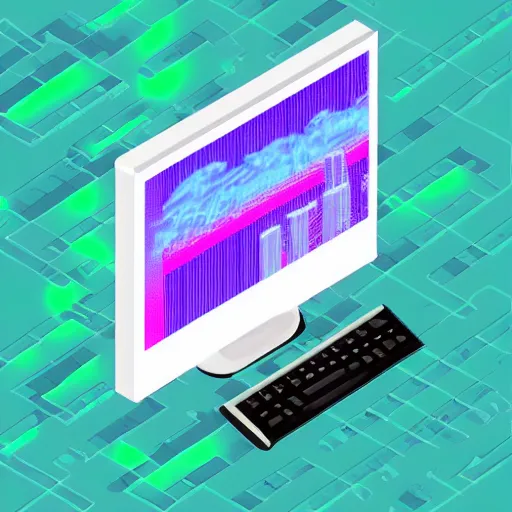 Prompt: a computer from the nineties in vapor wave style isometric view.