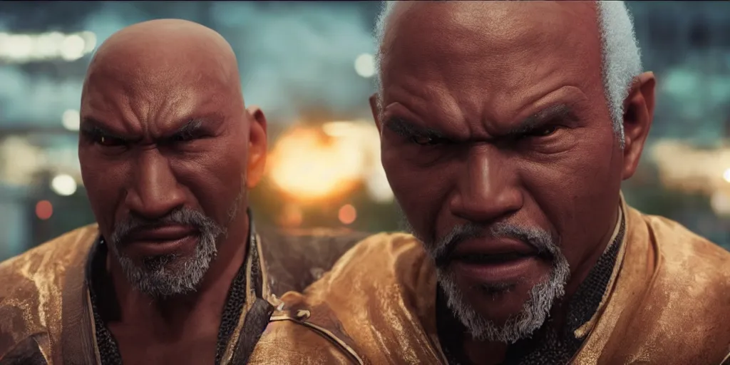 Image similar to a film still of a black man starring in a japanese blockbuster film as heihachi from tekken 7, shallow depth of field, cinematic, award winning cgi, vfx, film still