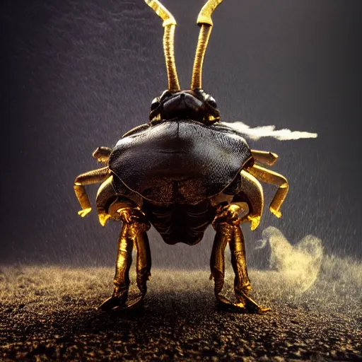 Image similar to Very high detailed rhinoceros beetle made of gold and metal standing on a carbon fiber background, smoke and powder, full body, big horn, robotic, nature, symmetrical, Greg Rutkowski, Charlie Bowater, Beeple, Unreal 5, hyperrealistic, dynamic lighting, fantasy art