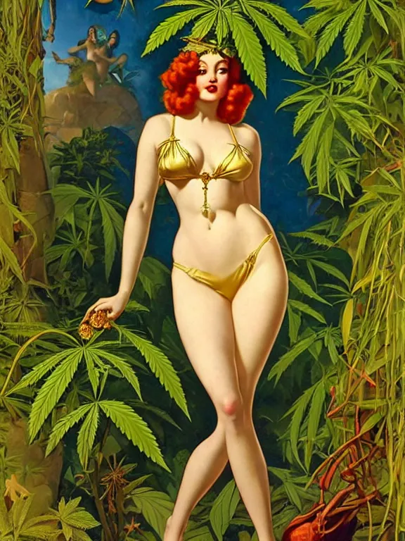 Prompt: The goddess Mary Jane in a bikini made of marijuana, a beautiful art nouveau portrait by Gil elvgren, lush jungle environment, centered composition, defined features, golden ratio, golden jewelry