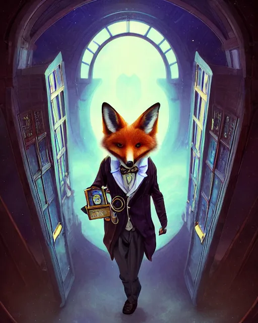 Image similar to anthropomorphic art of a detective fox inside tardis, victorian inspired clothing by artgerm, victo ngai, ryohei hase, artstation. fractal papersand books. highly detailed digital painting, smooth, global illumination, fantasy art by greg rutkowsky, karl spitzweg, doctor who