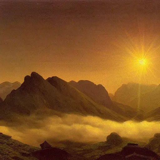Image similar to mountains above the clouds, village in the mountain, long parallel wooden platforms, tents, colors, misty clouds, sun at dawn, painting by caspar david friedrich
