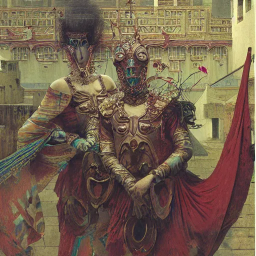 Image similar to study of masked Byzantine Tang Dynasty dancers on the art deco streets of the Undying Empire city of ya-Sattra during the Festival of Masks, award-winning realistic sci-fi concept art by Beksinski, Bruegel, Greg Rutkowski, Alphonse Mucha, and Yoshitaka Amano