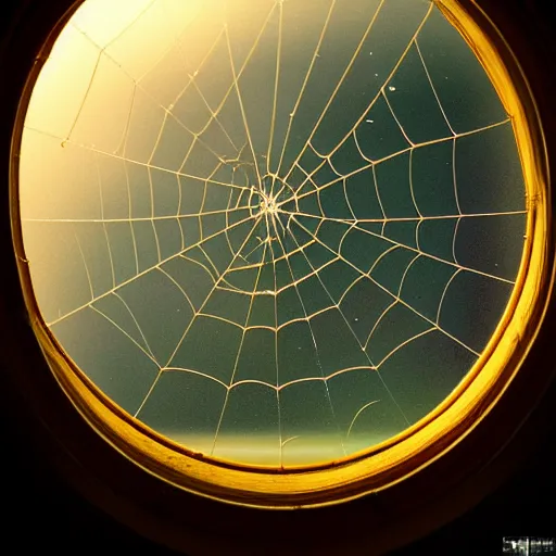 Prompt: peering out into the night sky from a fixed window, a spiderweb is depicted and a toenail sits in the center of the spiderweb, illustrating it as a crescent moon, trending on artstation, 4 k photorealism, 4 k quality, lush, soft, glowing lighting, beautifully ornate atmosphere, cgsociety contest winner