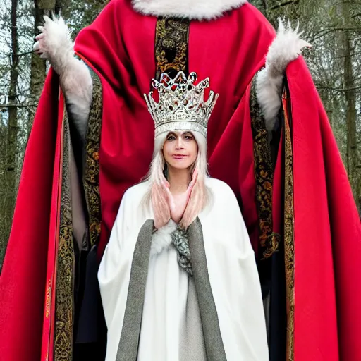 Image similar to photo of a real! beautiful nordic queen with ornate crown and cloak, telephoto lens