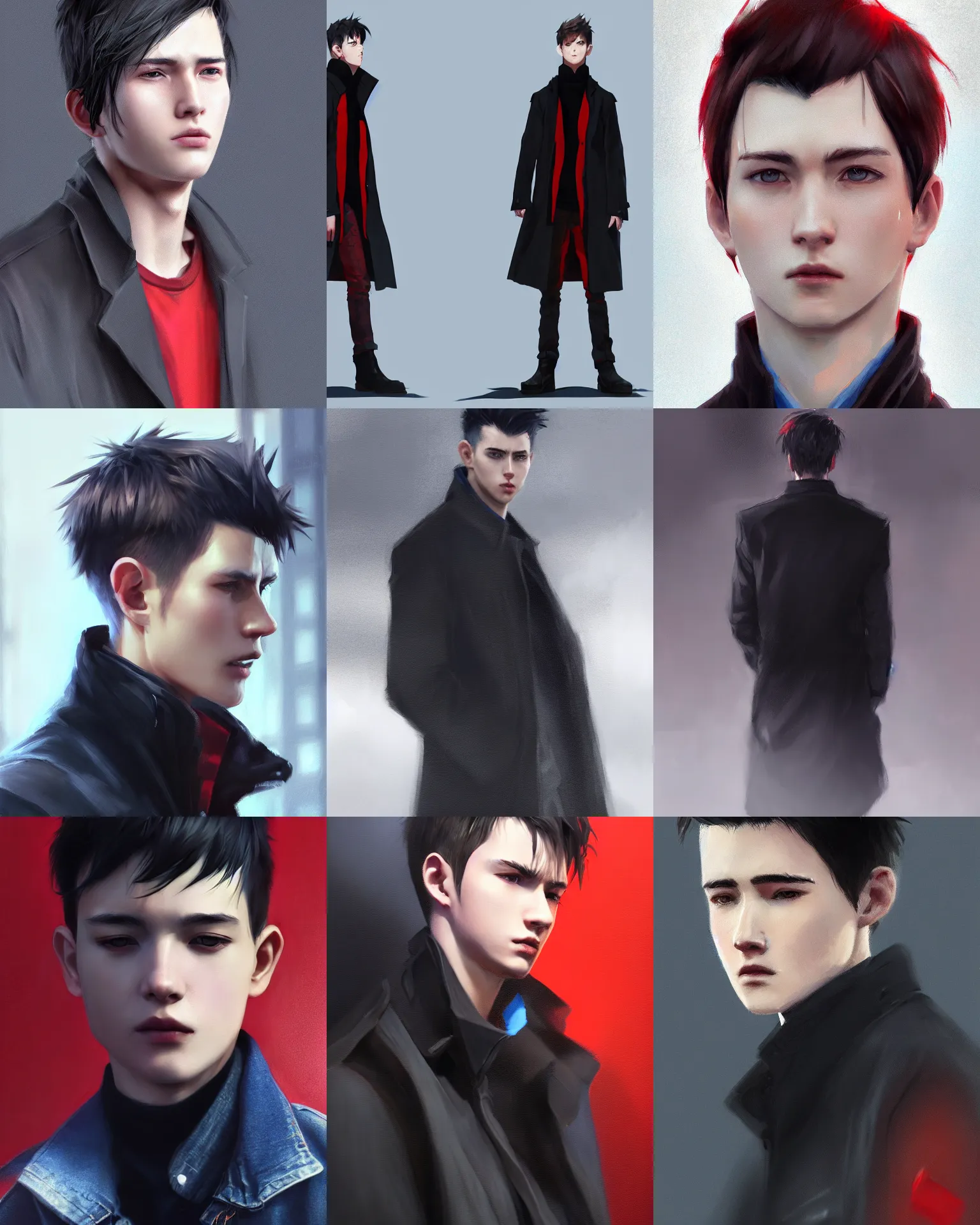 Prompt: wlop, krenz cushart, close detailed portrait digital painting of a young man with black cowlick undercut haircut, wearing black overcoat, red clothes, blue jeans. sunbeam, unreal engine, hyper realism, realistic shading, cinematic composition, blender render, octane render, hdr, detailed textures, photorealistic, 3 5 mm film