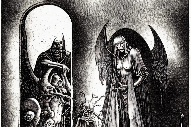 Image similar to fallen angel begs to enter the gates of hell by les edwards and much a and moebius and hieronymus bosch