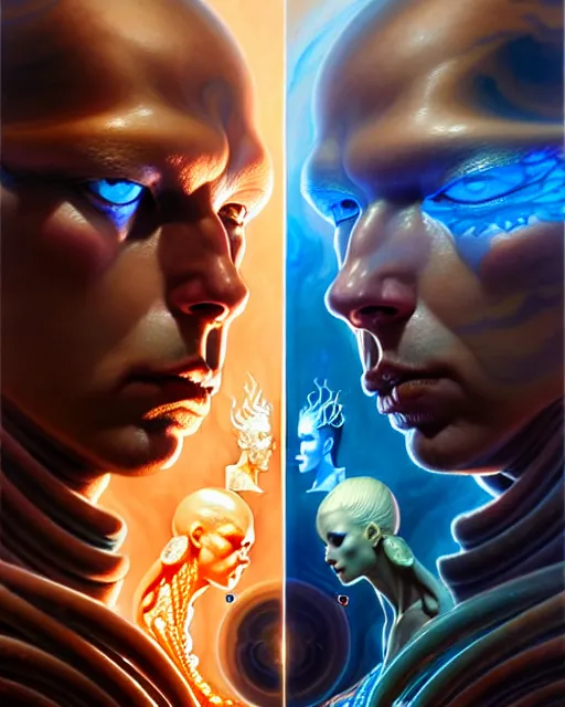 Prompt: a portrait of gemini water and fire fantasy character portrait facing each other, ultra realistic, wide angle, intricate details, the fifth element artifacts, highly detailed by peter mohrbacher, hajime sorayama, wayne barlowe, boris vallejo, aaron horkey, gaston bussiere, craig mullins