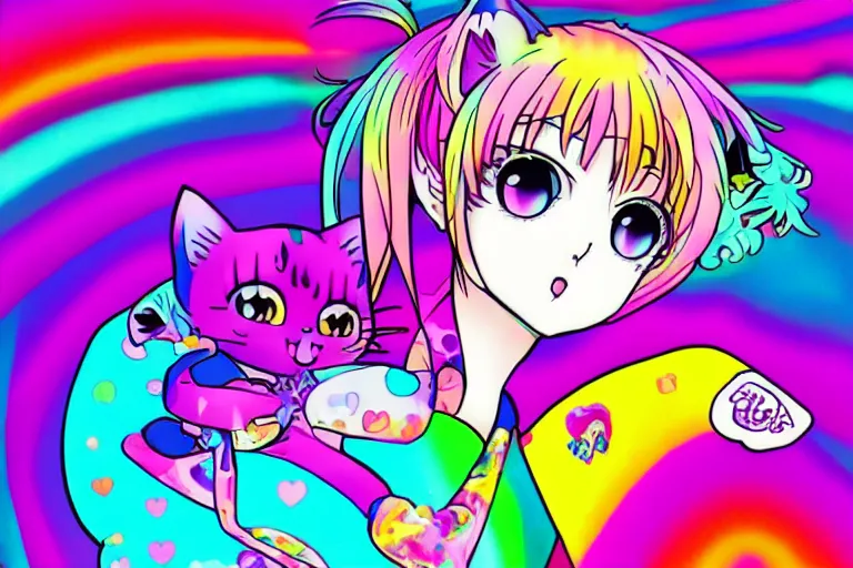 Prompt: anime cat girl in lisa frank style
