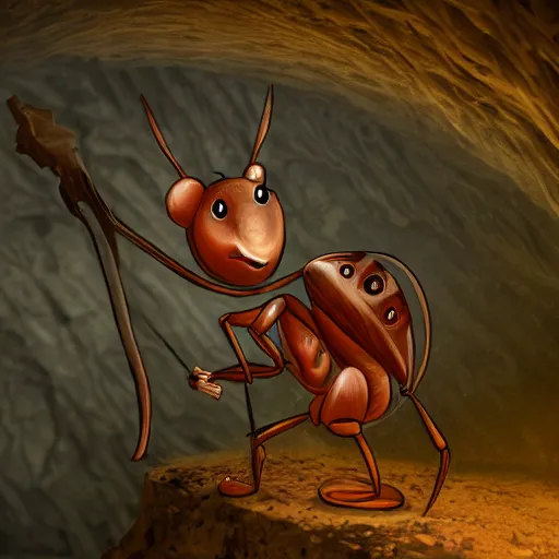 Image similar to Anthropomorphic ant mage in a dark cave, no blur, 4k resolution, ultra detailed-i