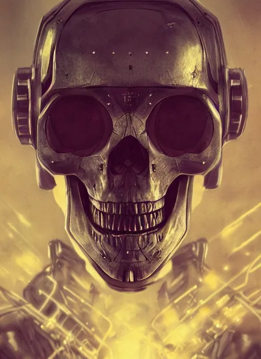 Image similar to 2 8 mm macro photo of metal skull half covered face with cybernetic enhancements as seen from a distance, scifi character portrait by greg rutkowski, canon 5 0 mm, film, photography, esuthio, craig mullins, 1 / 4 headshot, cinematic lighting, dystopian scifi gear, gloomy, profile picture, mechanical, half robot, implants, solarpunk