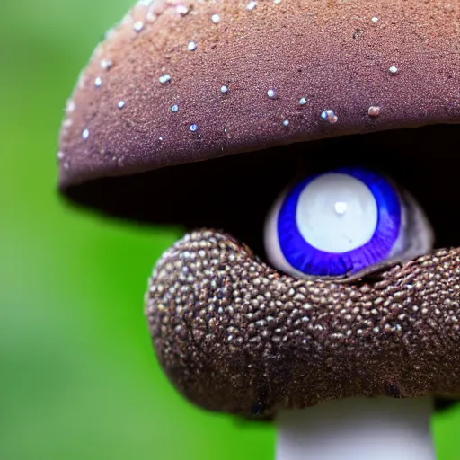 Prompt: macro photo with a mushroom character with cute eyes, 8K, highly detailed