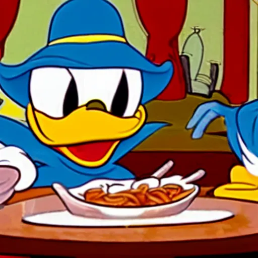 Prompt: Donald Duck invites Scrooge McDuck to dine in a very fancy restaurant