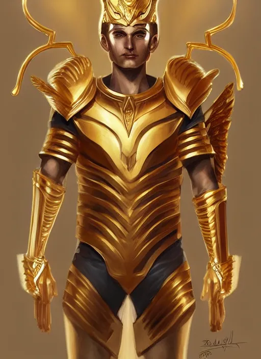 Prompt: the god hermes, gold armour, white skin, male, portrait, sharp focus, digital art, concept art, detailed, post processed, dynamic lighting, trending on artstation, by emylie boivin and rossdraws