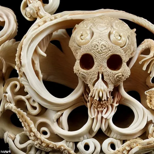 Prompt: an intricately detailed carving in an human - octopus skull, rococo ornate bone and ivory sculpted skull with teeth and tentacles