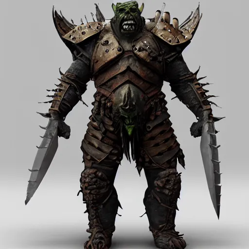 Image similar to A vicious orc wearing battle armor ready for war, highly detailed, photorealism, zbrush sculpt, substance painter, texturing XYZ, Subsurface scattering, cinematic lighting, Unreal engine 5, octane render, cinema4d, vray, redshift, keyshot, Arnold render