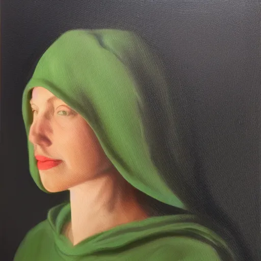 Image similar to woman with freckles, 1 8 0 pounds, short brown hair, green eyes, wearing a grey hooded sweatshirt, trending on artstation, oil painting, volumetric light