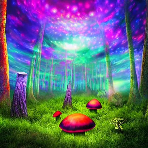 Prompt: psychedelic forest with large mushrooms and nebula sky, shamans, digital art, unreal engine