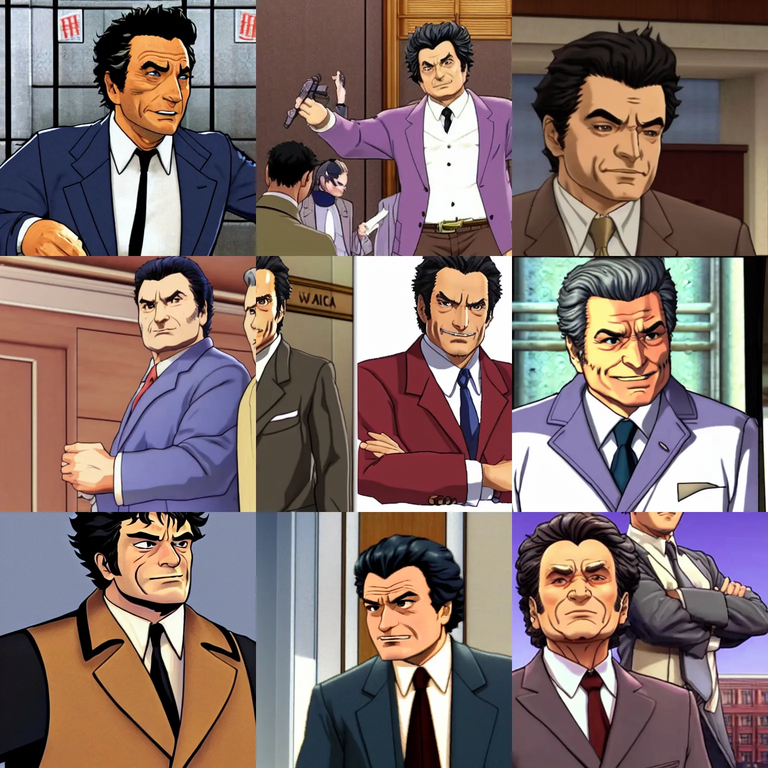 Prompt: peter falk as detective columbo, squinting and smirking, in phoenix wright ace attorney