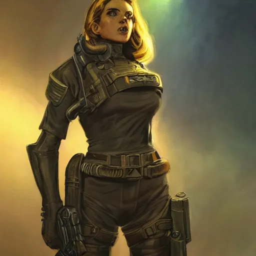 Image similar to fallout 5, concept art brunette rugged authoritarian female enclave officer portrait, concept art, comicstyle, atmospheric lighting, painted, intricate, volumetric lighting, beautiful, rich deep colors masterpiece, sharp focus, ultra detailed by jack kirby, ignacio fernandez rios, thierry doizon