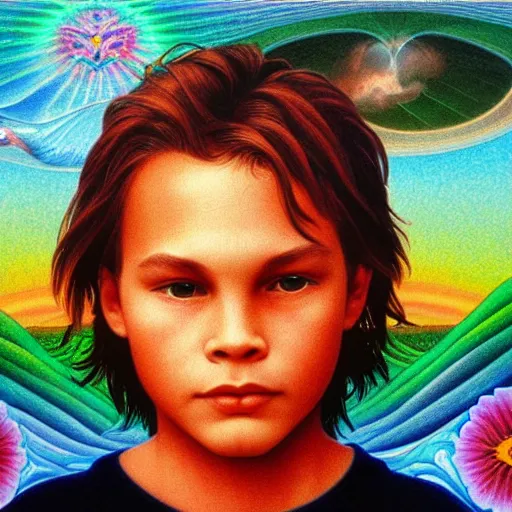 Image similar to river phoenix by Alex Grey and Lisa Frank and William Adolphe Bouguereau